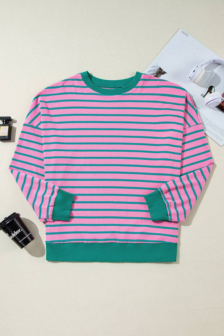 Pink Stripe Waffle Knit Crew Neck Plus Size Sweatshirt