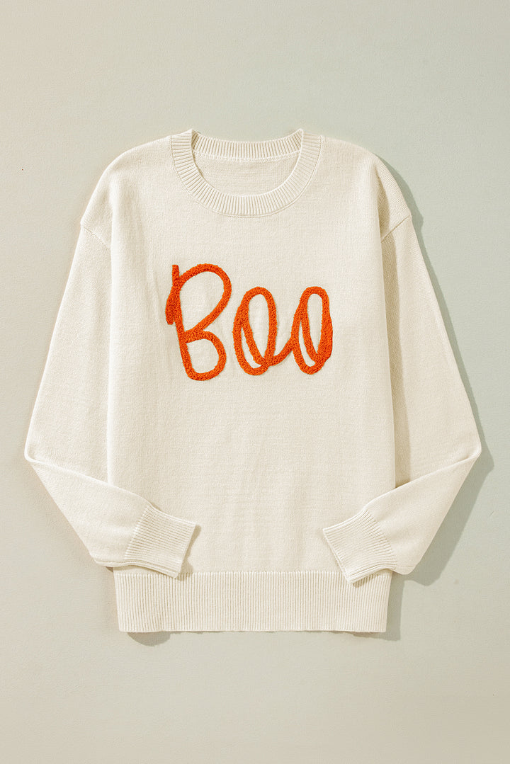 Boo Knitted Pattern Ribbed Edge Drop Shoulder Sweater