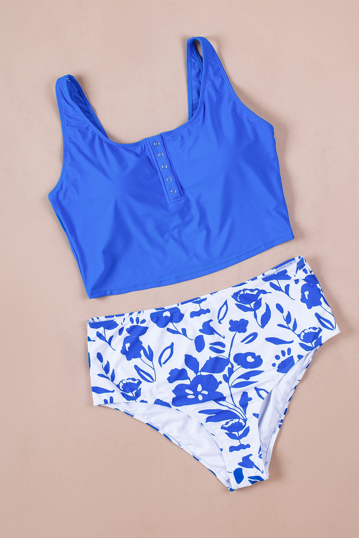 Blue Square Neck Sleeveless Floral Print Tankini Swimsuit