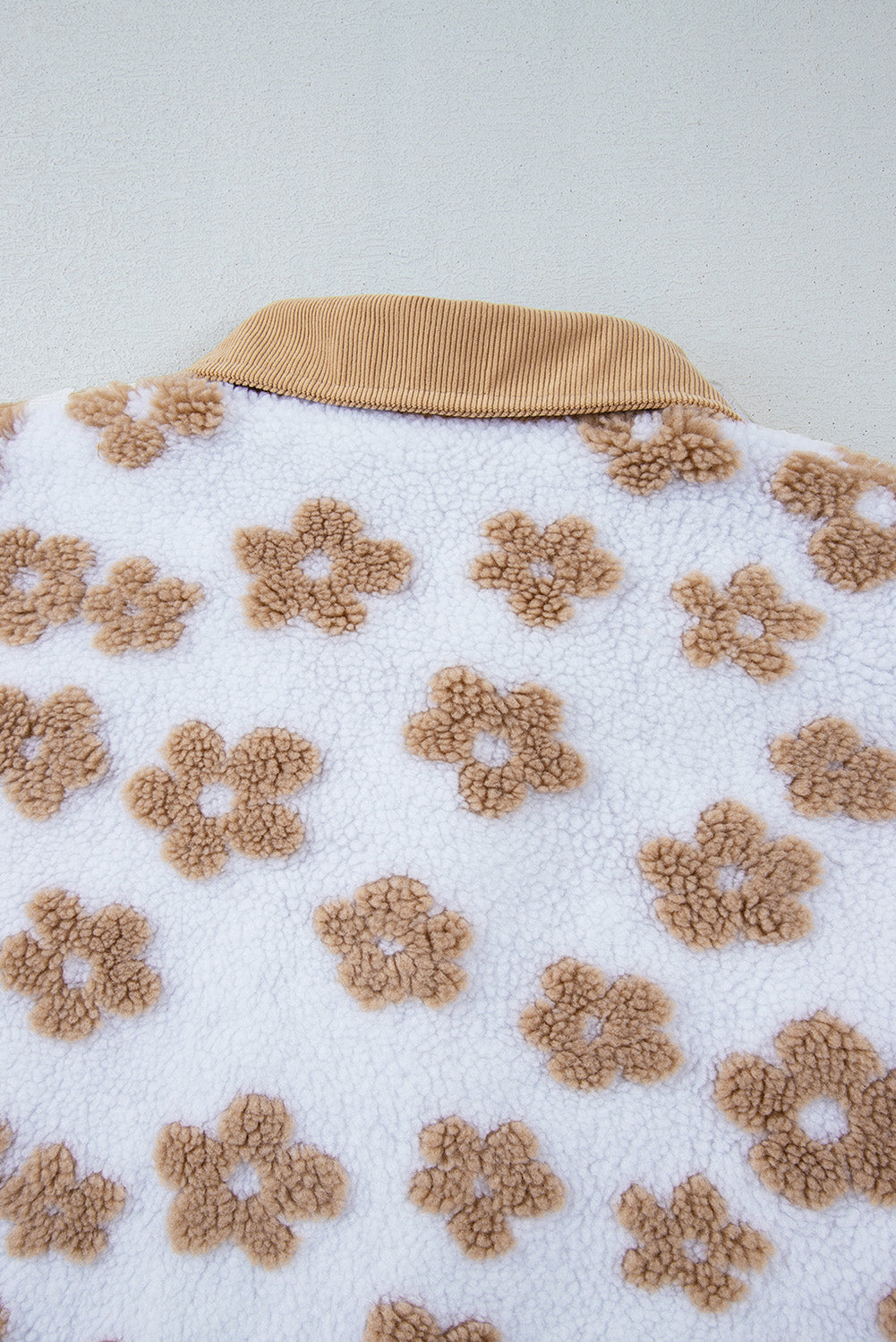 Light French Beige Cute Flower Pattern Button Up Fleece Jacket