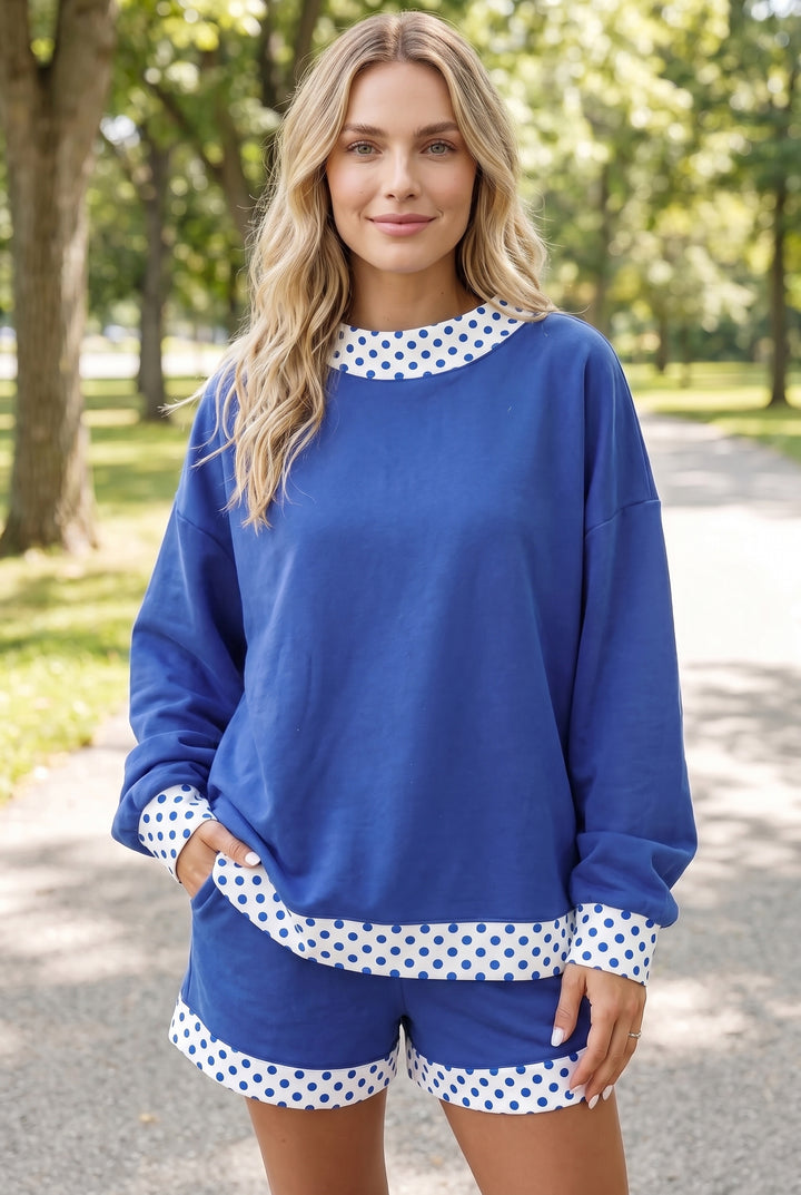Polka Dot Trim Baggy Pullover 2pcs Short Set
