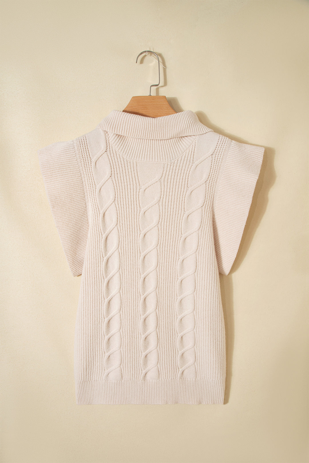 Cable Knit Turtleneck Ruffled Short Sleeve Sweater