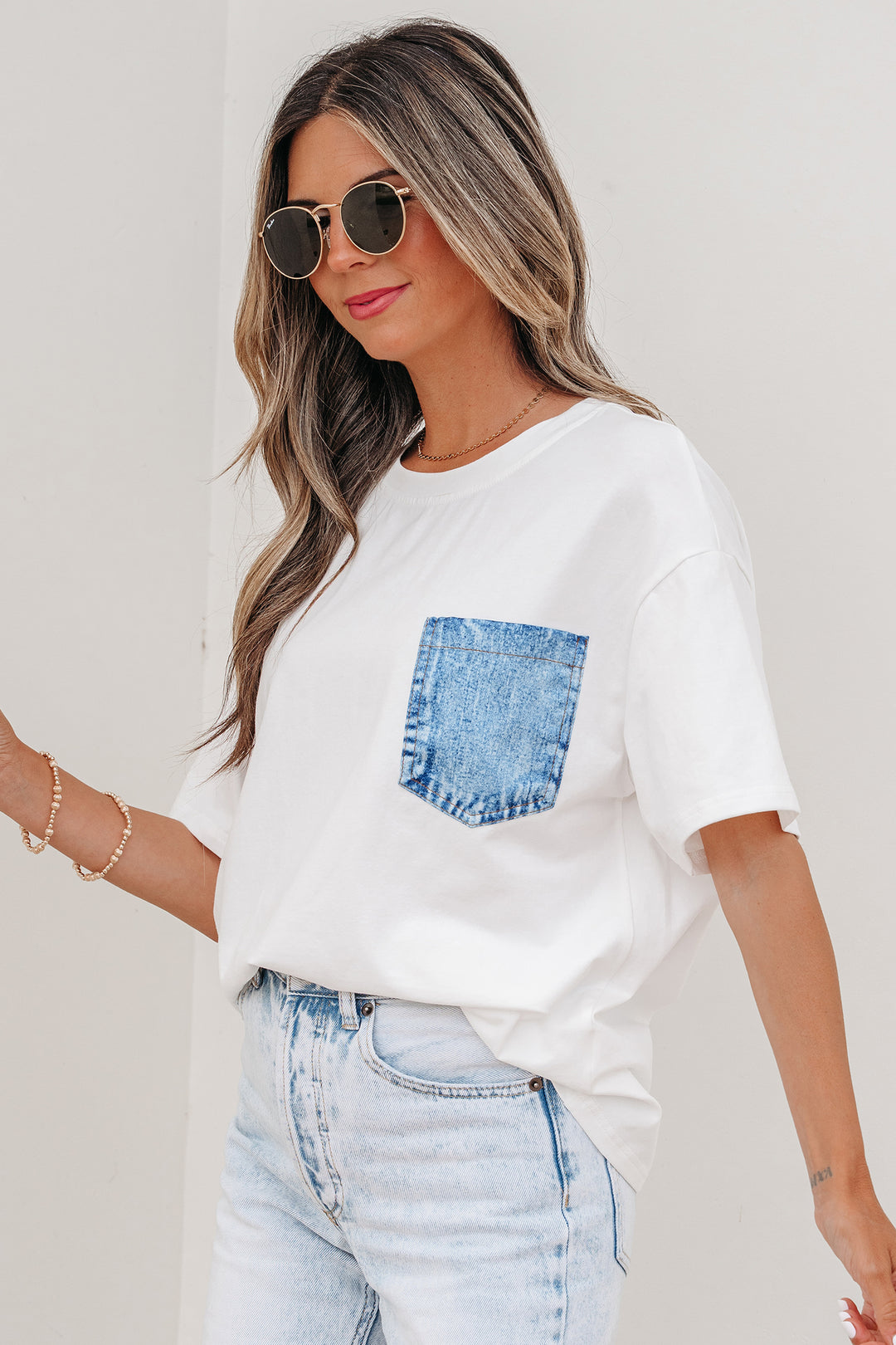 Color Block Chest Pocket Patched Casual Short Sleeve Top
