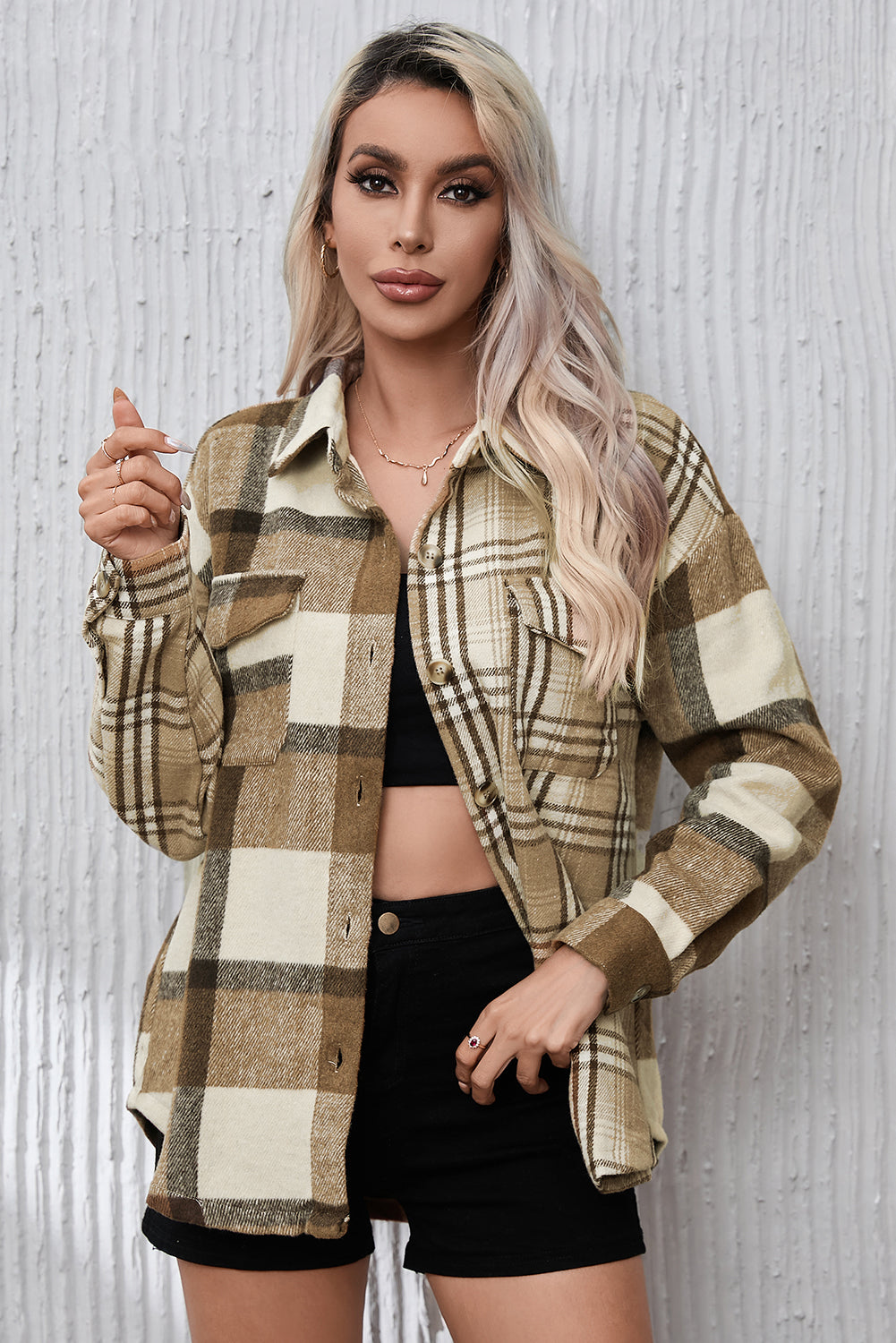 Parchment Contrast Plaid Patchwork Flap Pocket Shacket