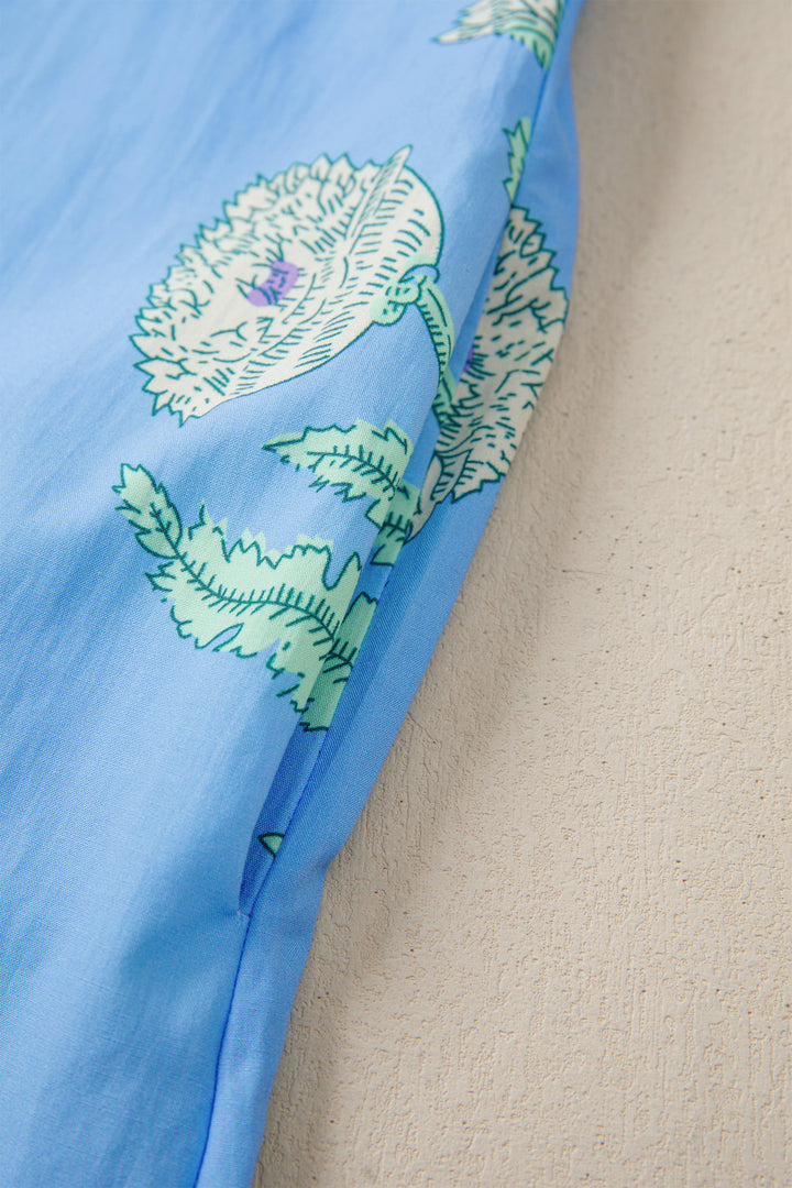 Sky Blue Plus Periwinkle Floral Printed Short Sleeve Striped Trim Split Neck Mini Dress