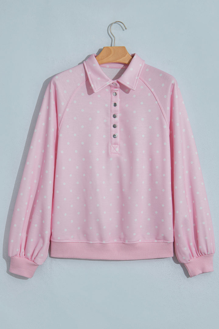 Polka Dot Print Metal Button Collar Casual Pullover Sweatshirt