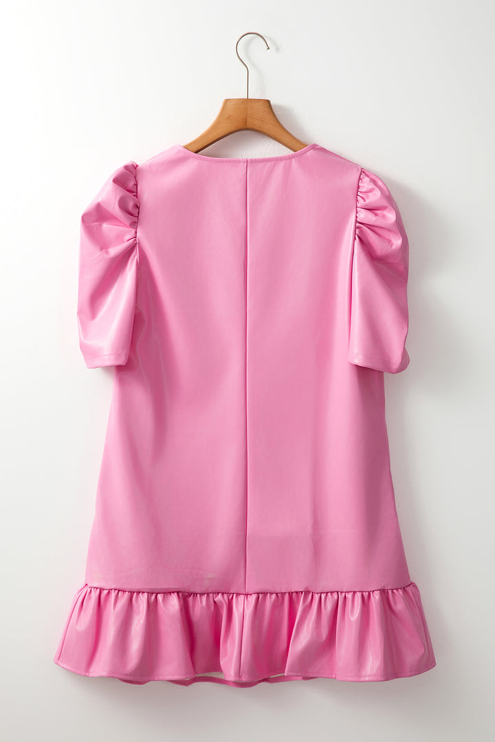 Sachet Pink Pleather Bubble Short Sleeve V Neck Ruffled Hem Mini Dress