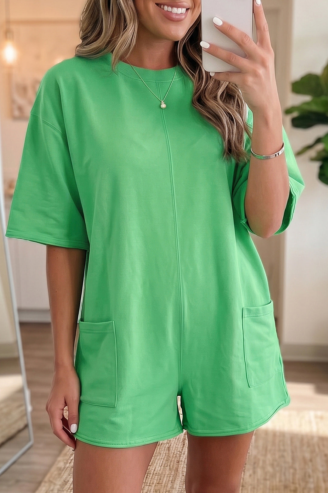 Solid Color Raw Edge Half Sleeve Pocketed Loose Romper