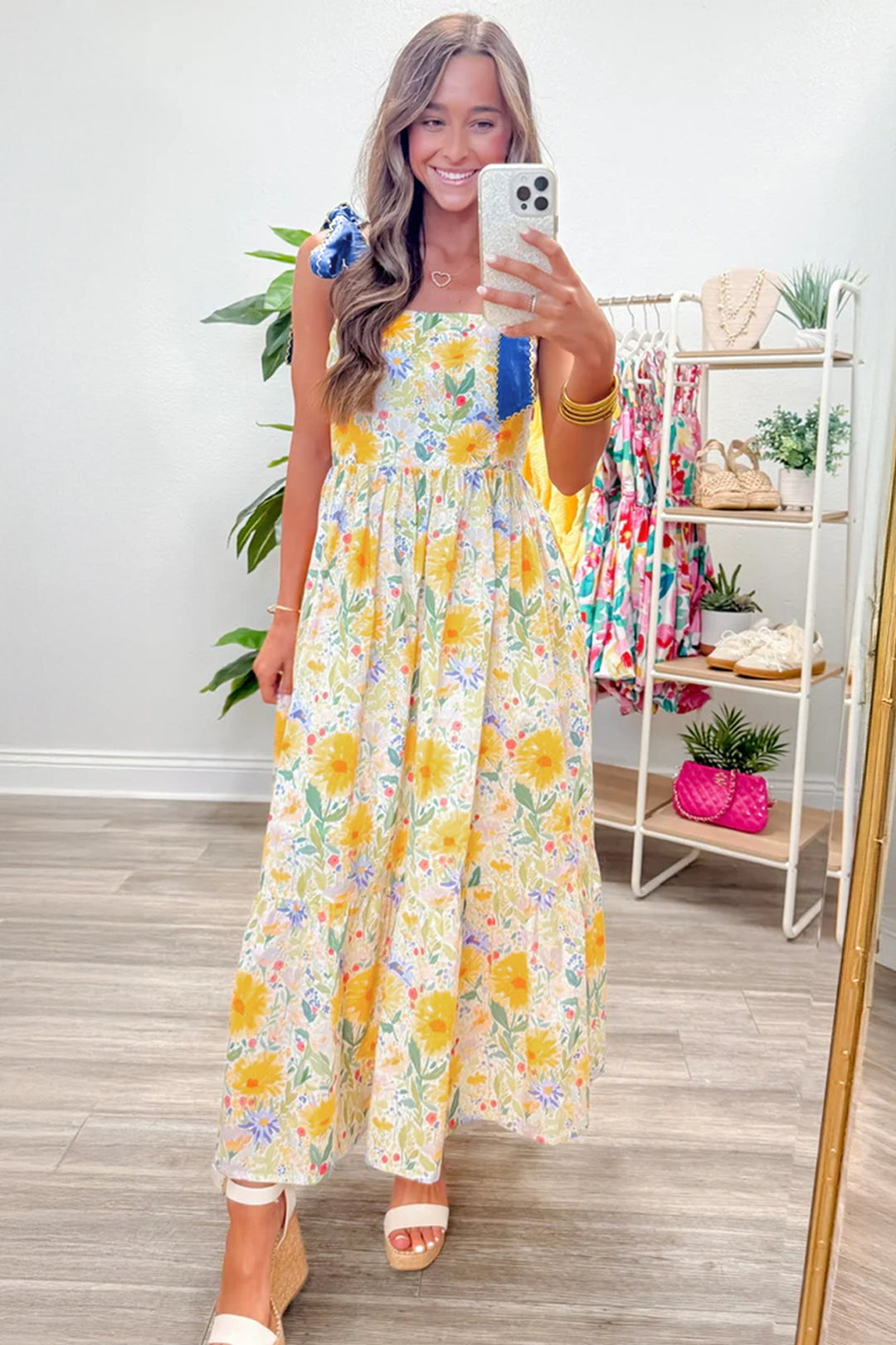 Floral Print Contrast Stitched Knot Denim Straps High Waist Dress