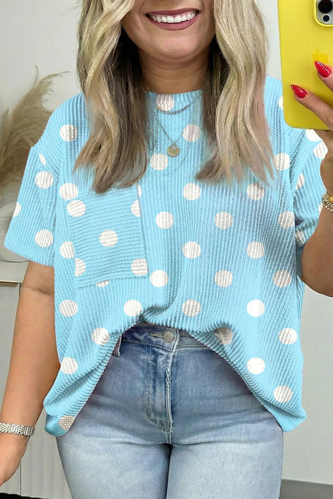 Twisted Rib Polka Dot Print Plus Size T Shirt