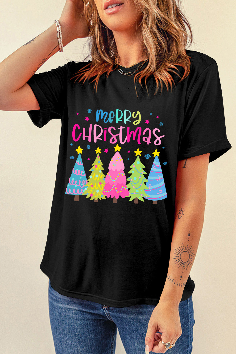 Black Merry Christmas Trees Print Crew Neck Loose T Shirt