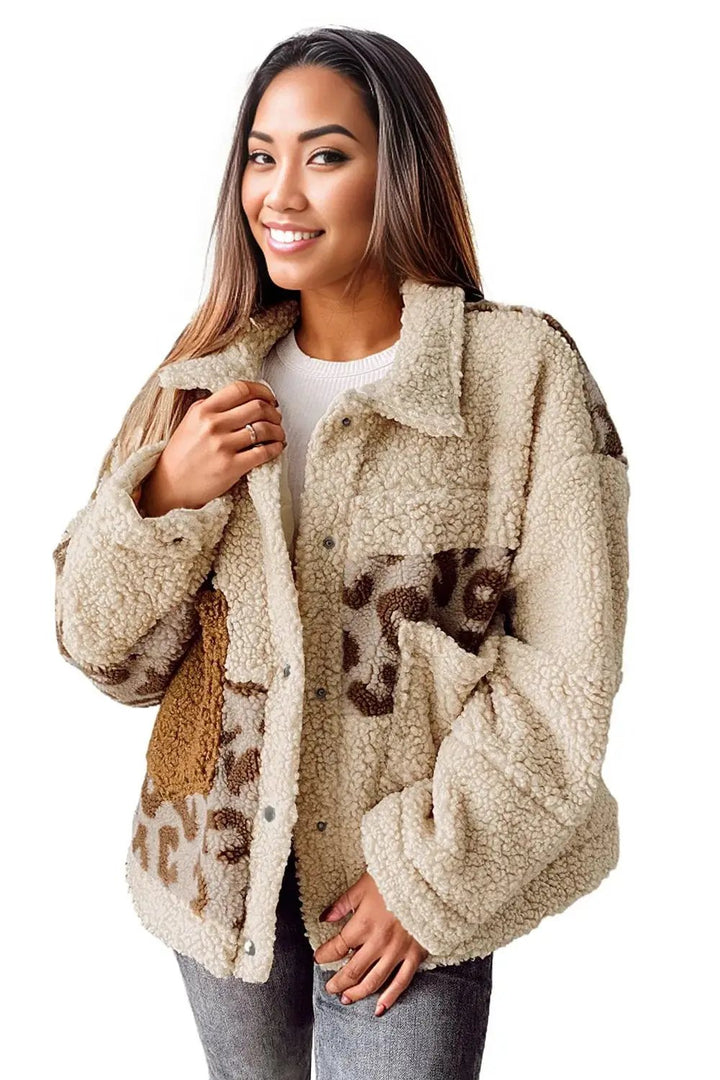 Beige Leopard Patchwork Snap Buttons Sherpa Jacket -