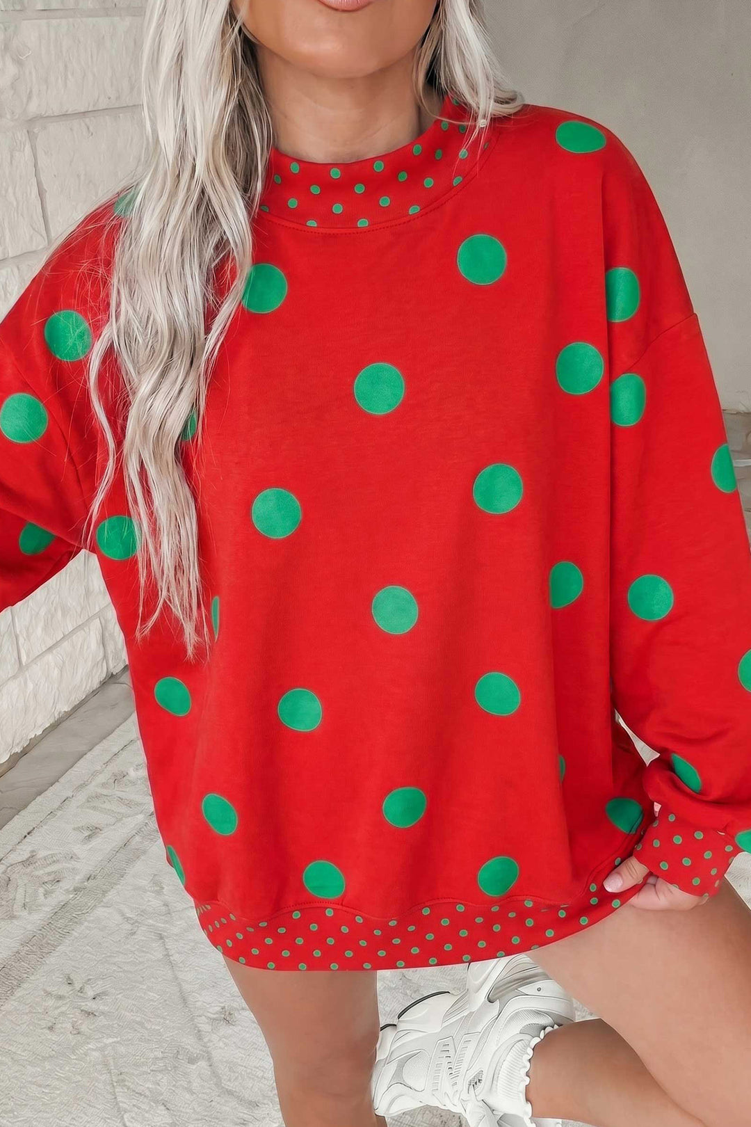 Polka Dot Print Contrast Detail Oversized Tunic Sweatshirt