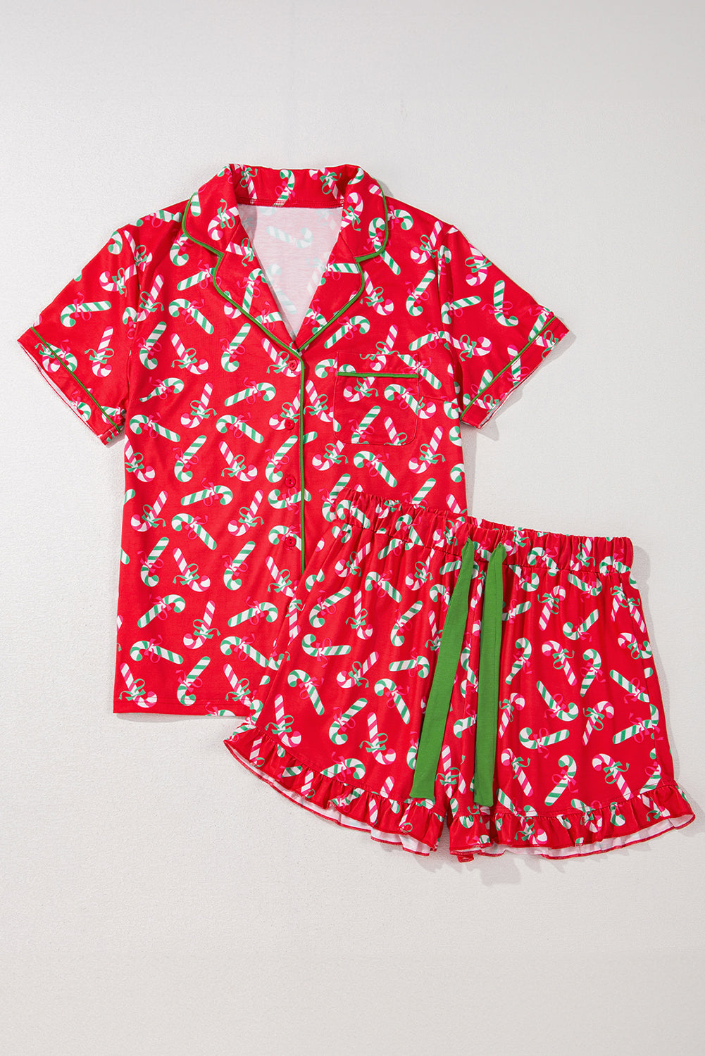 Red Christmas Candy Cane Print Pocketed Knotted Pajama Set