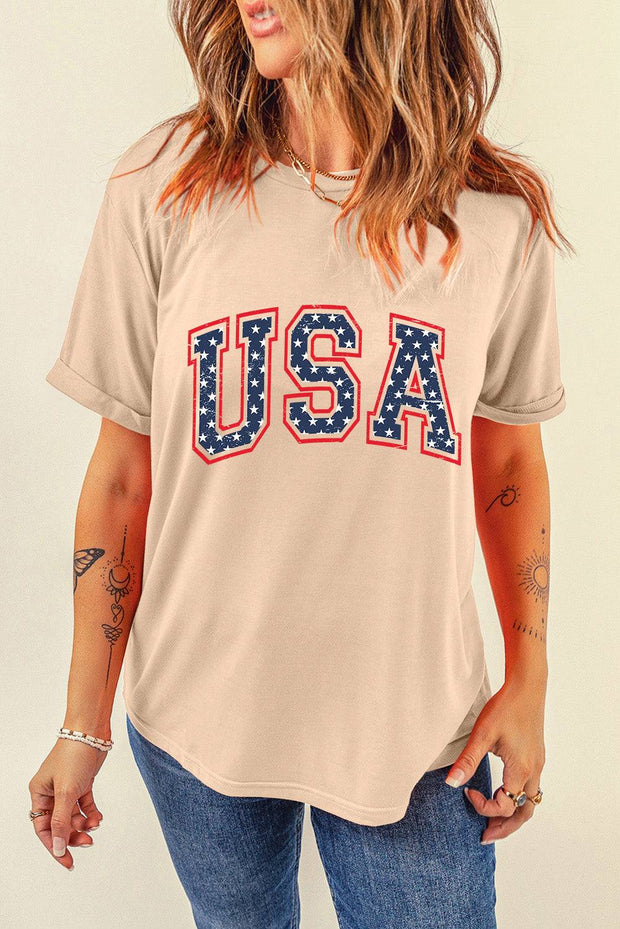 Khaki 4th Of July Starry USA Letter Graphic T Shirt -