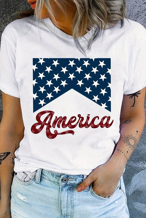 a woman wearing a t - shirt with the american flag on it