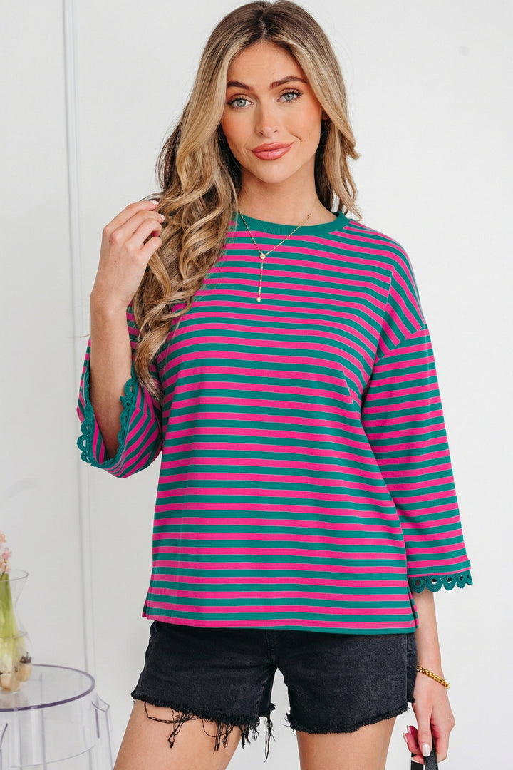 Racing Striped Print Drop Shoulder Lace Trim Bracelet Sleeve Loose Top