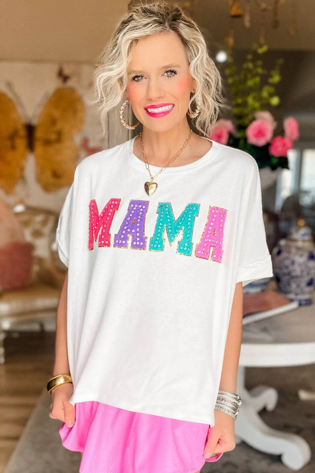 White MAMA Chenille Patched Crew Neck T Shirt -