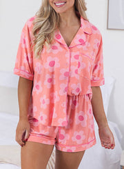 Pink Flower Print Buttoned Shirt and Drawstring Waist Pajama Set - Pink / 2XL