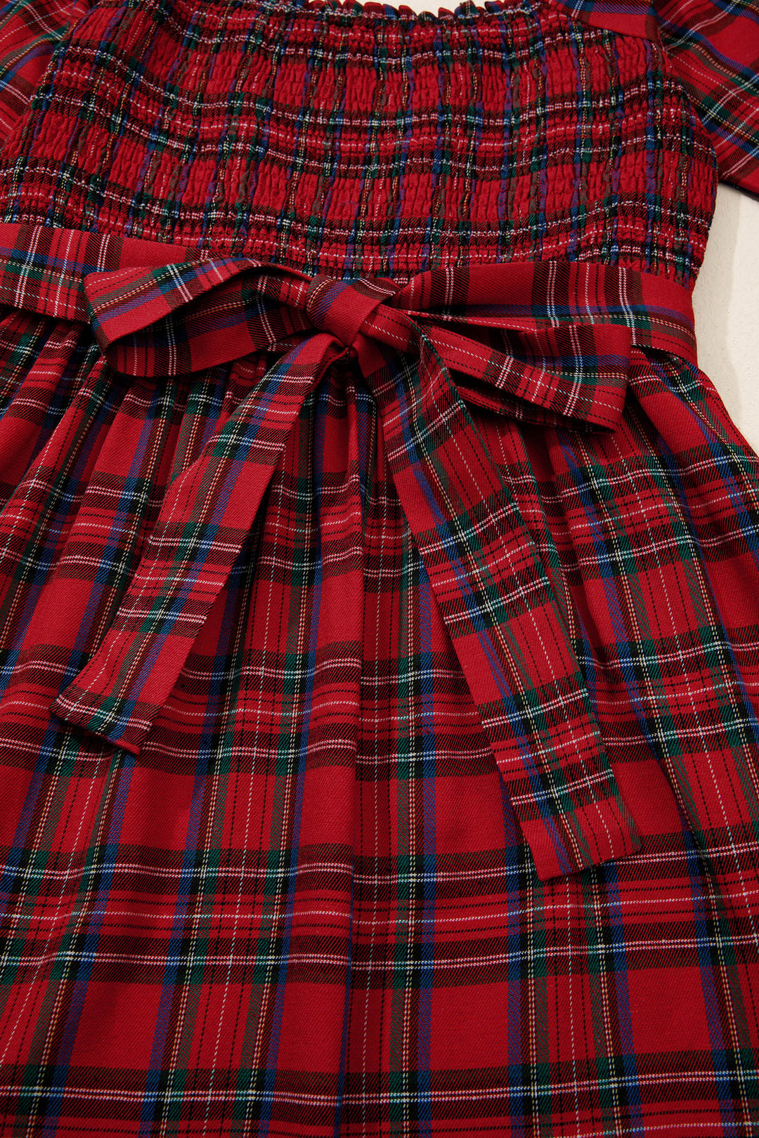 Red Tartan Plaid Square Neck Puff Sleeve Knot Waist Flared Midi Dress