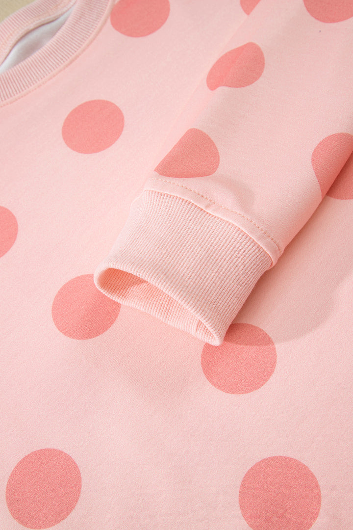 Polka Dot Print Drop Shoulder Pullover Drawstring Shorts Set