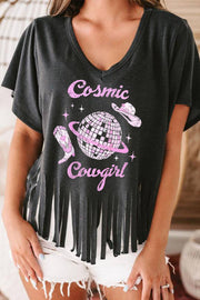 Black Cosmic Cowgirl Disco Ball Graphic Tasseled V Neck T Shirt - Black / S