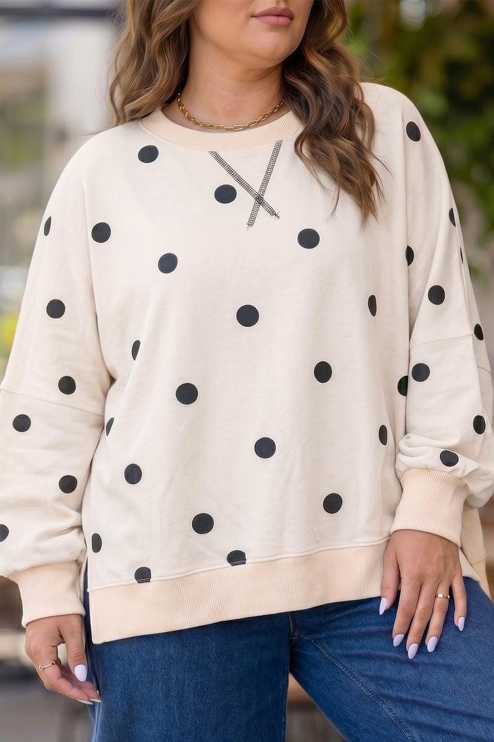 Round Neck Long Sleeve Polka Dot Plus Size Top