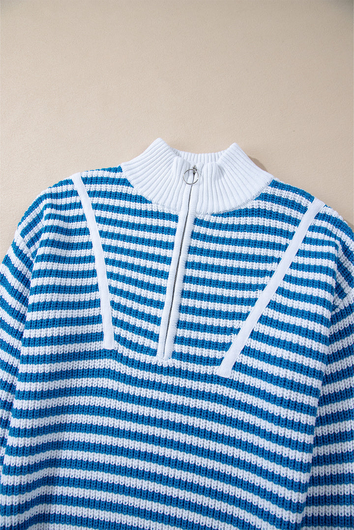 Sky Blue Stripe Zip up Collar Drop Shoulder Sweater