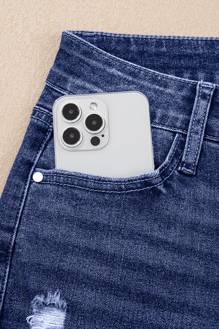 Real Teal Folded Cuffs Distressed Straight High Waist Jeans