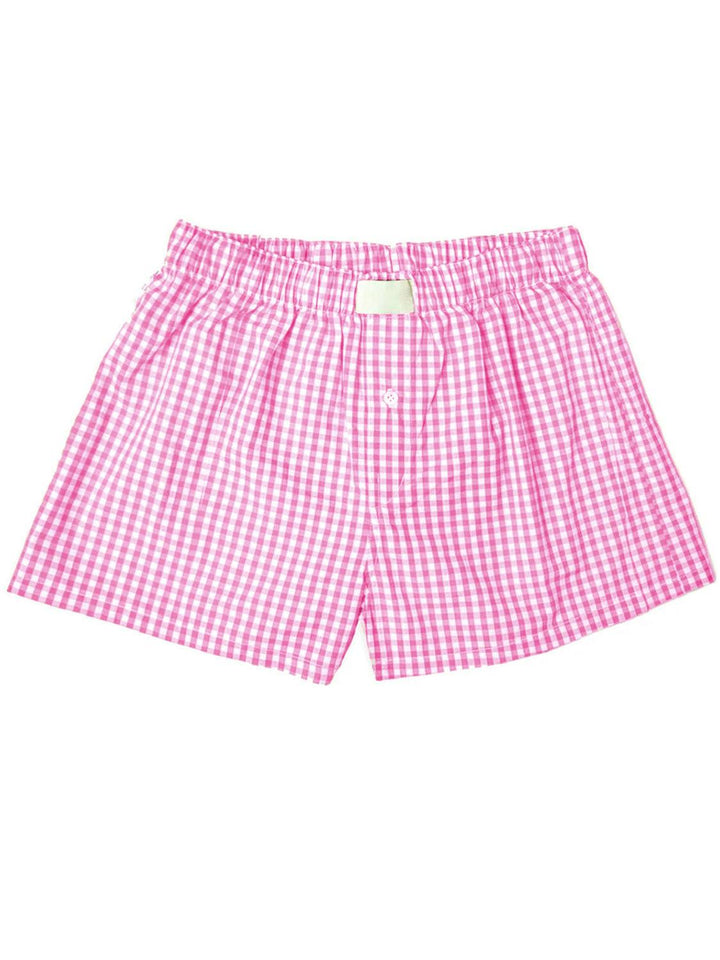 a red and white checkered boxers with a white tag