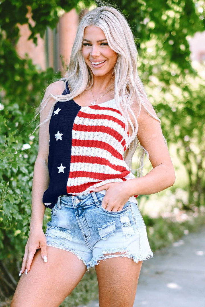 a woman posing for a picture wearing a patriotic top