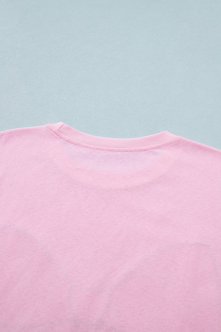 Pink Leopard Bow Embroidered Cotton Round Neck T Shirt