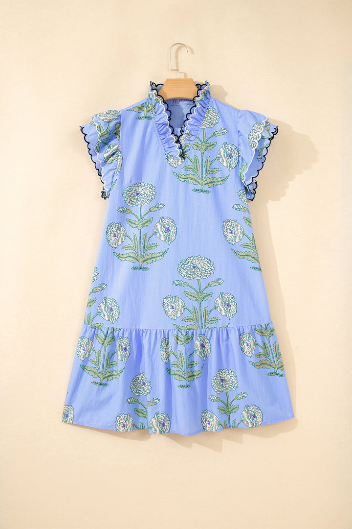 Wild Floral Print Scalloped Embroidery Trim V Neck Drop Waist Mini Dress