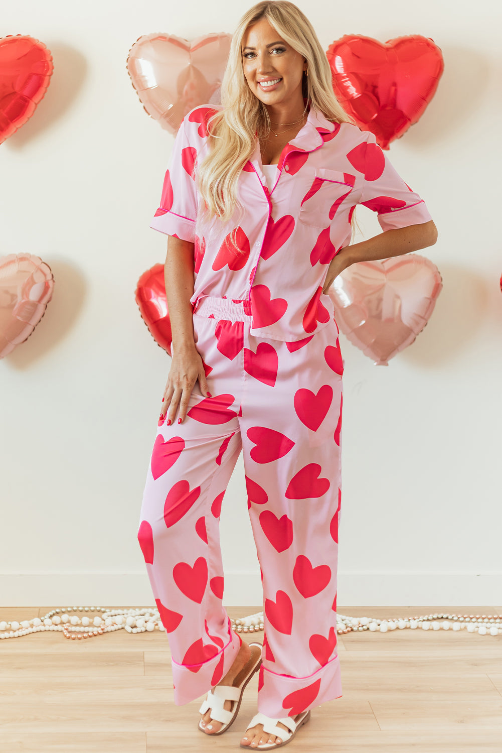 Pink Classic Heart Valentines Short Sleeve Pants Pajamas Set