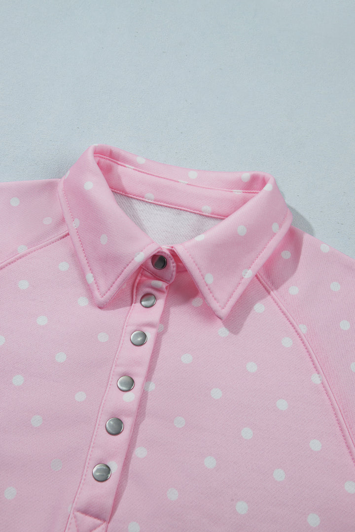 Polka Dot Print Metal Button Collar Casual Pullover Sweatshirt