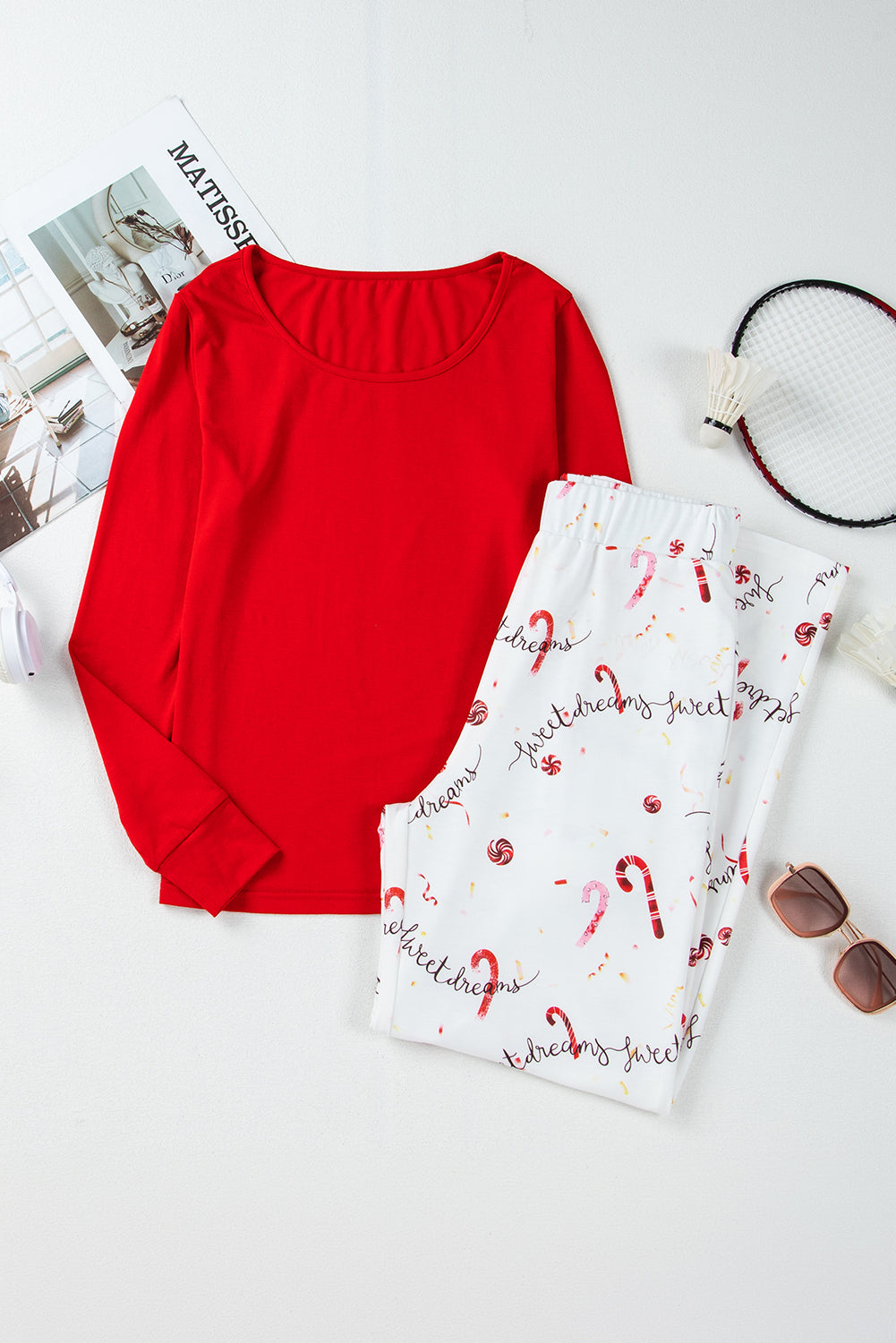 Solid Top and Christmas Pants Two Piece Lounge Set