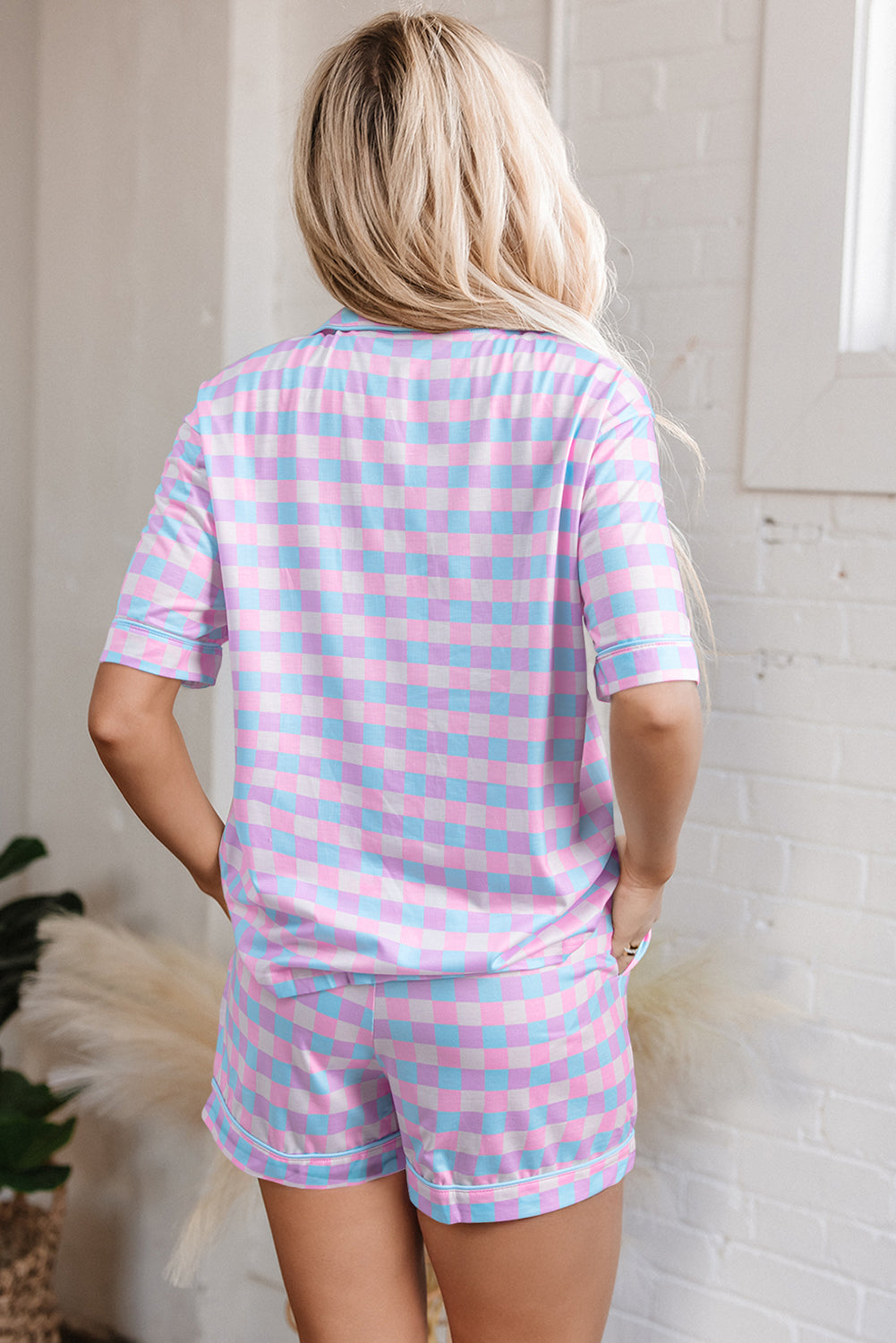 Back view of Purple Checkered Pattern Short Sleeve Pajamas Set showing relaxed fit and soft fabric, perfect for casual home wear.