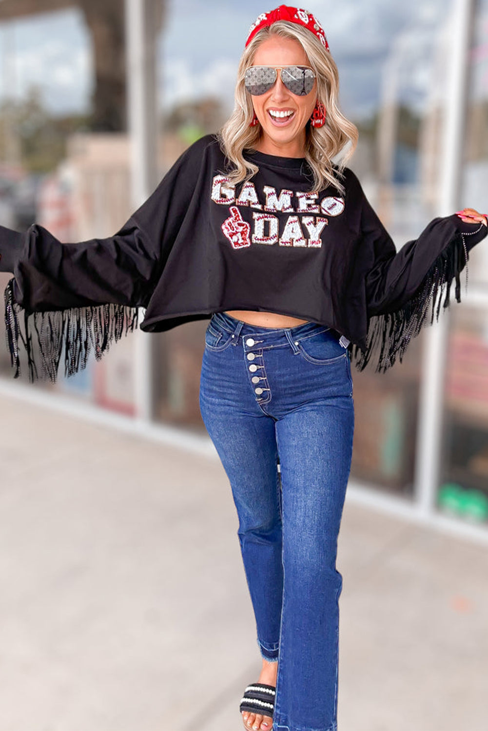 Black GAME DAY Tasseled Cropped Sweatshirt