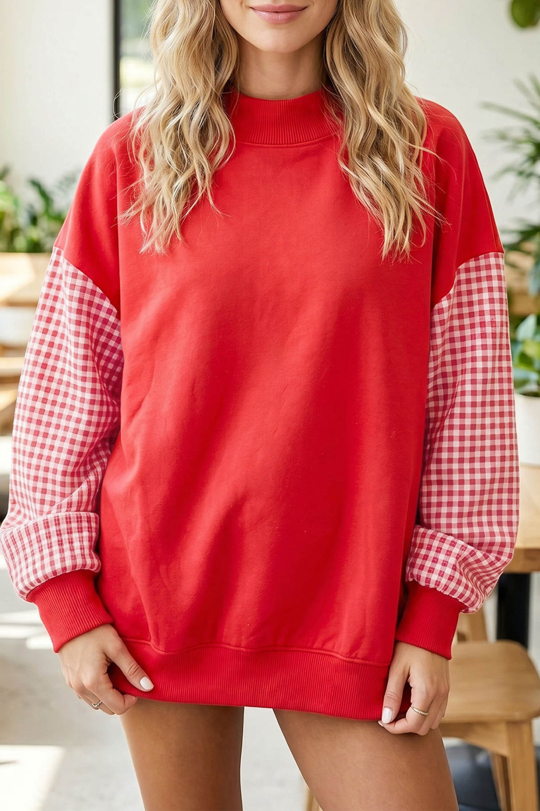 Plaid Sleeve Color block Loose Tunic Sweatshirt