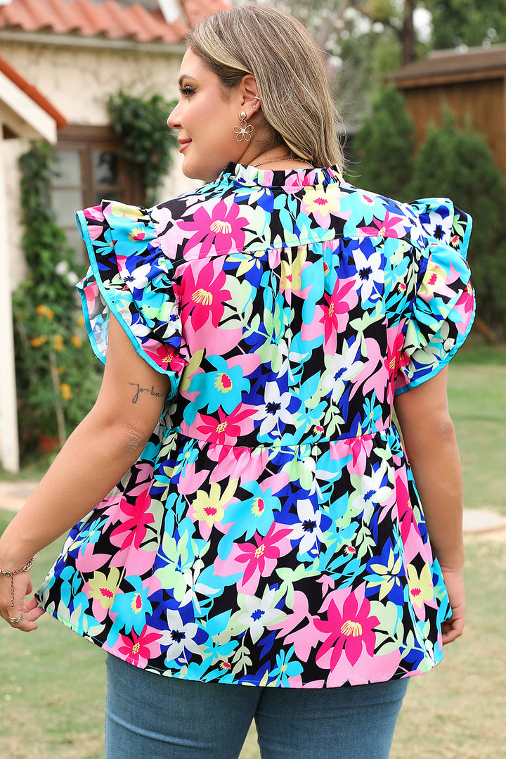 Blue Floral Flutter Sleeve Tied Notched Neck Plus Size Blouse