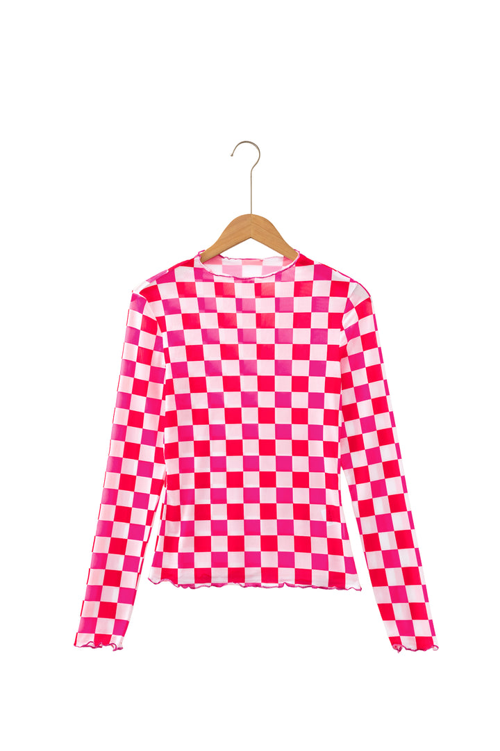 Plaid Heart Mesh Sheer Long Sleeve High Neck Blouse