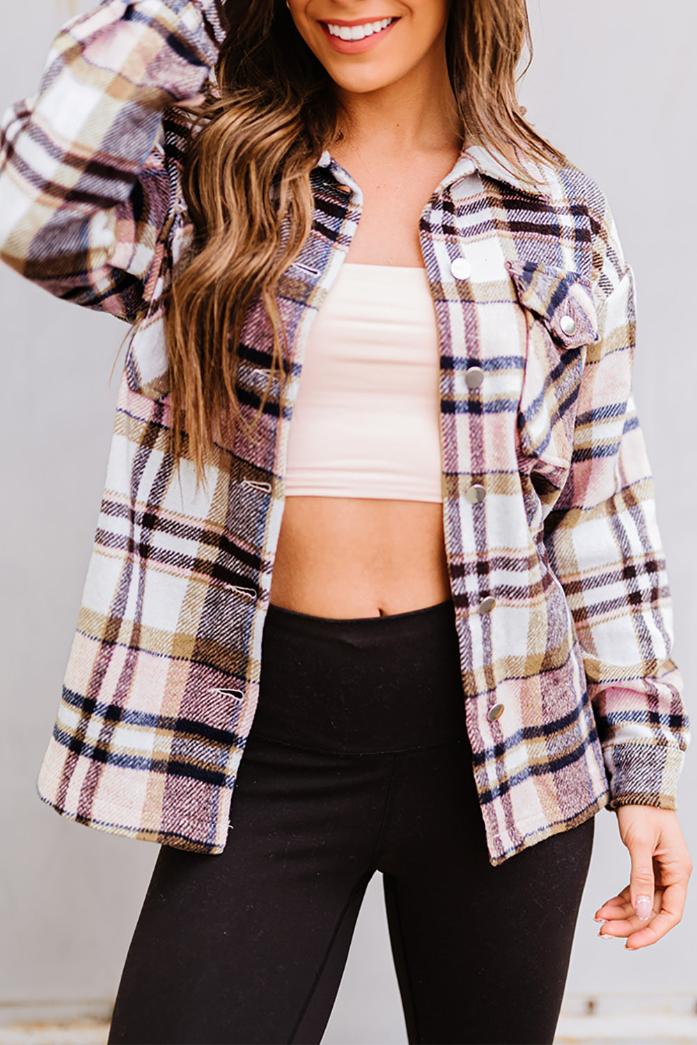 Geometric Plaid Print Pocketed Shacket - Pink / 2XL / 100%Polyester