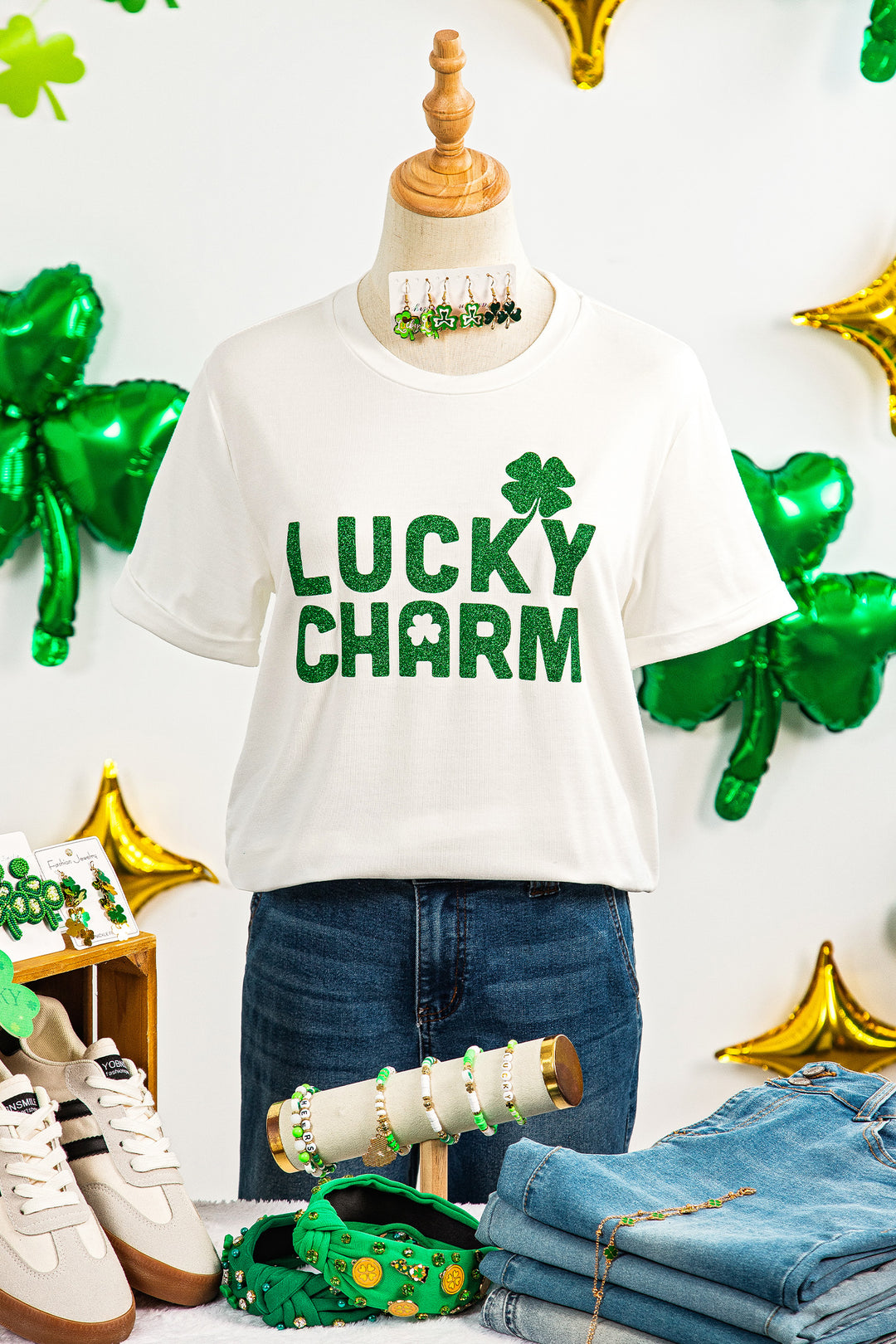 White LUCKY CHARM Shimmery Print St Patricks Day Clover T Shirt