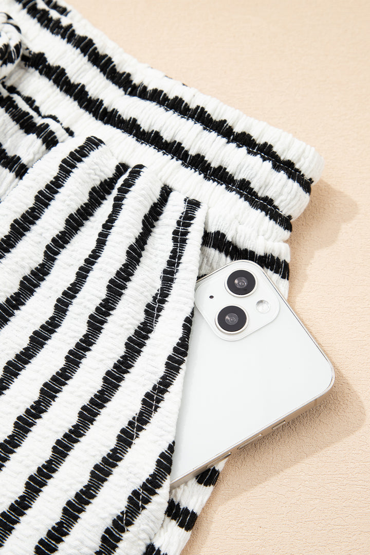 Stripe Knitted Short Sleeve Top and Drawstring Shorts Set