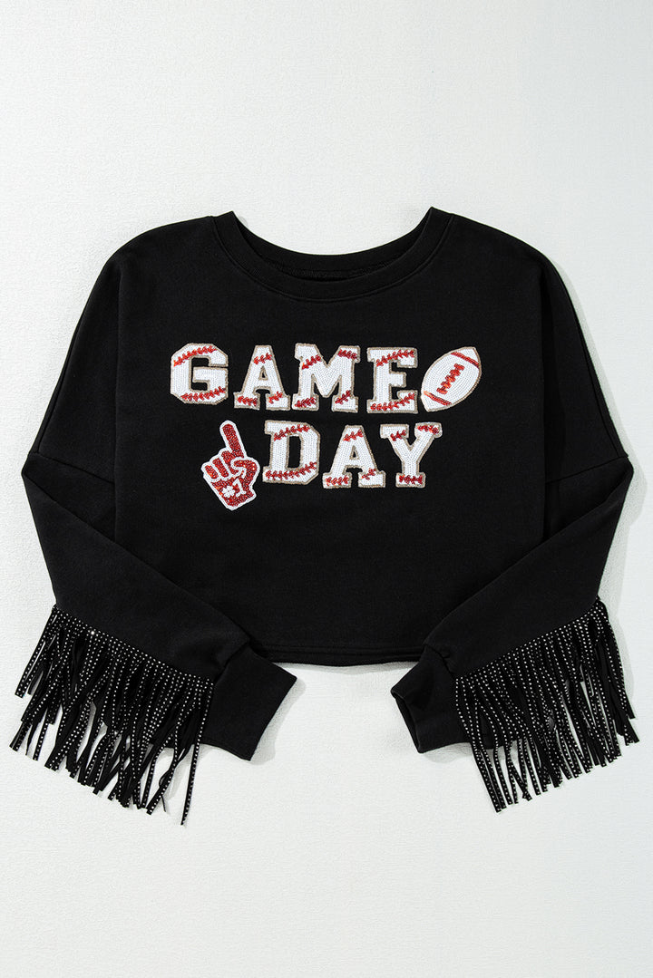 Black GAME DAY Tasseled Cropped Sweatshirt