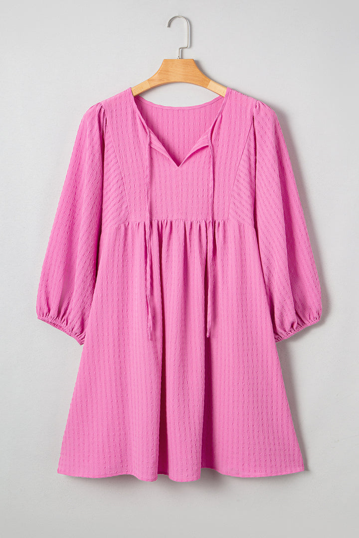 Sachet Pink Plus Size Textured Tie Split Neck Puff Sleeve Flowy Mini Dress