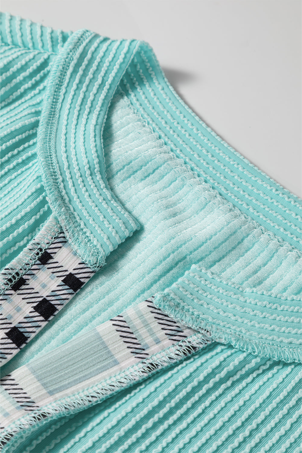 Aruba Blue Corded Texture Plaid Colorblock Patchwork Split Neck Long Sleeve Top