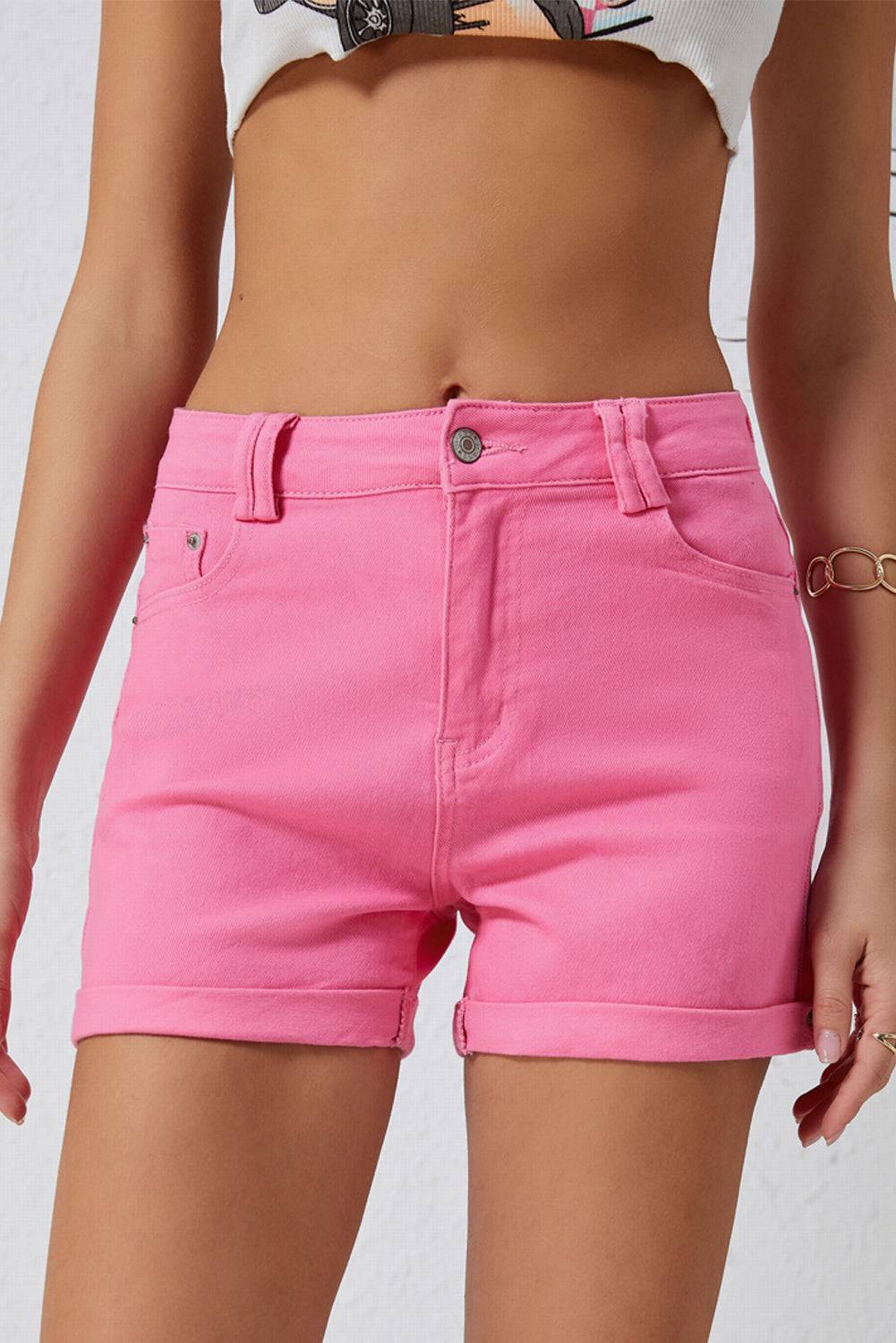 Pink Ashlee High Waisted Denim Shorts - Pink / 4 / 98%Cotton+2%Elastane
