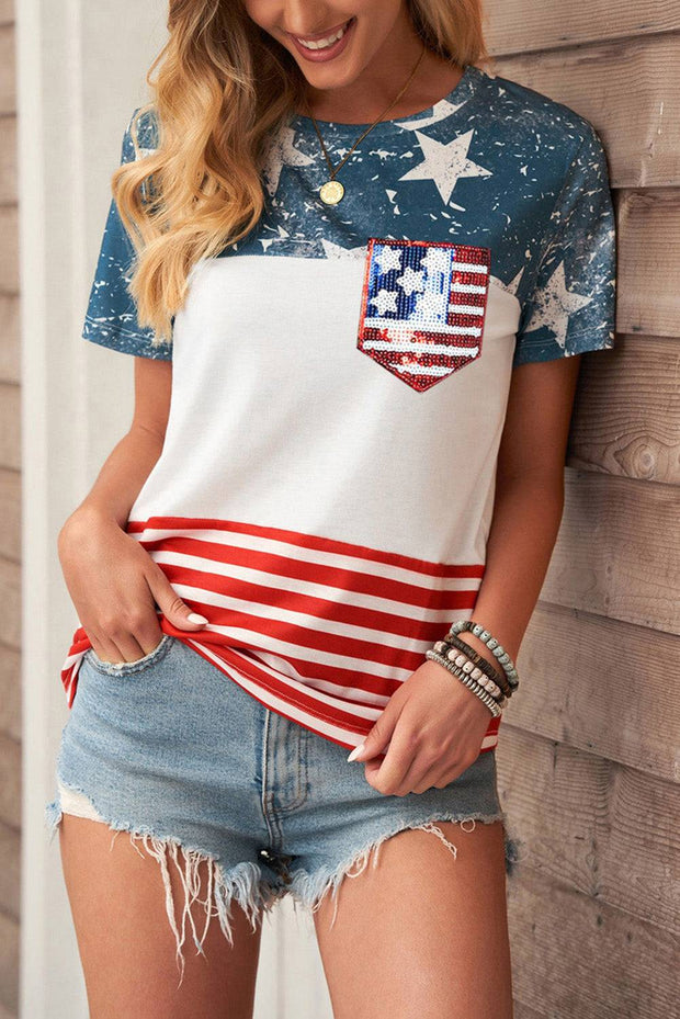 Multicolor Stars and Stripes Graphic Sequin Patch Pocket T Shirt - Multicolor / S