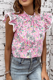 Pink Multicolor Abstract Print High Neck Flutter Sleeves Top - Pink / L / 100%Polyester